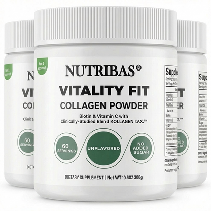 Three containers of Nutribas Vitality Fit Collagen Powder 300g unflavored 3 pack on a white background