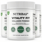 Three containers of Nutribas Vitality Fit Collagen Powder 300g unflavored 3 pack on a white background