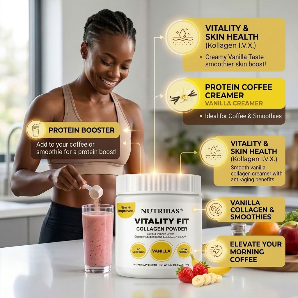 A woman stands at a kitchen counter holding a glass of pink protein drink and scooping powder from a tub labeled Nutribas Vitality Fit Collagen Powder. Yellow callout bubbles describe product features such as protein coffee creamer, protein booster, and vitality & skin health benefits.