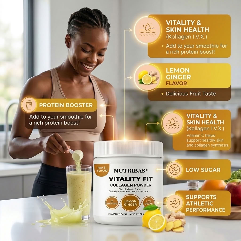 A woman stands in a bright kitchen preparing a protein smoothie beside a large tub of Nutribias Vitality Fit Collagen Powder in lemon ginger flavor. The image includes several callout graphics highlighting product benefits such as protein booster, vitality and skin health, lemon ginger flavor, low sugar, and support for athletic performance.