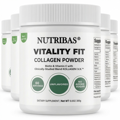NUTRIBAS Vitality Fit Collagen Powder unflavored 300 g 5 pack container on a white background