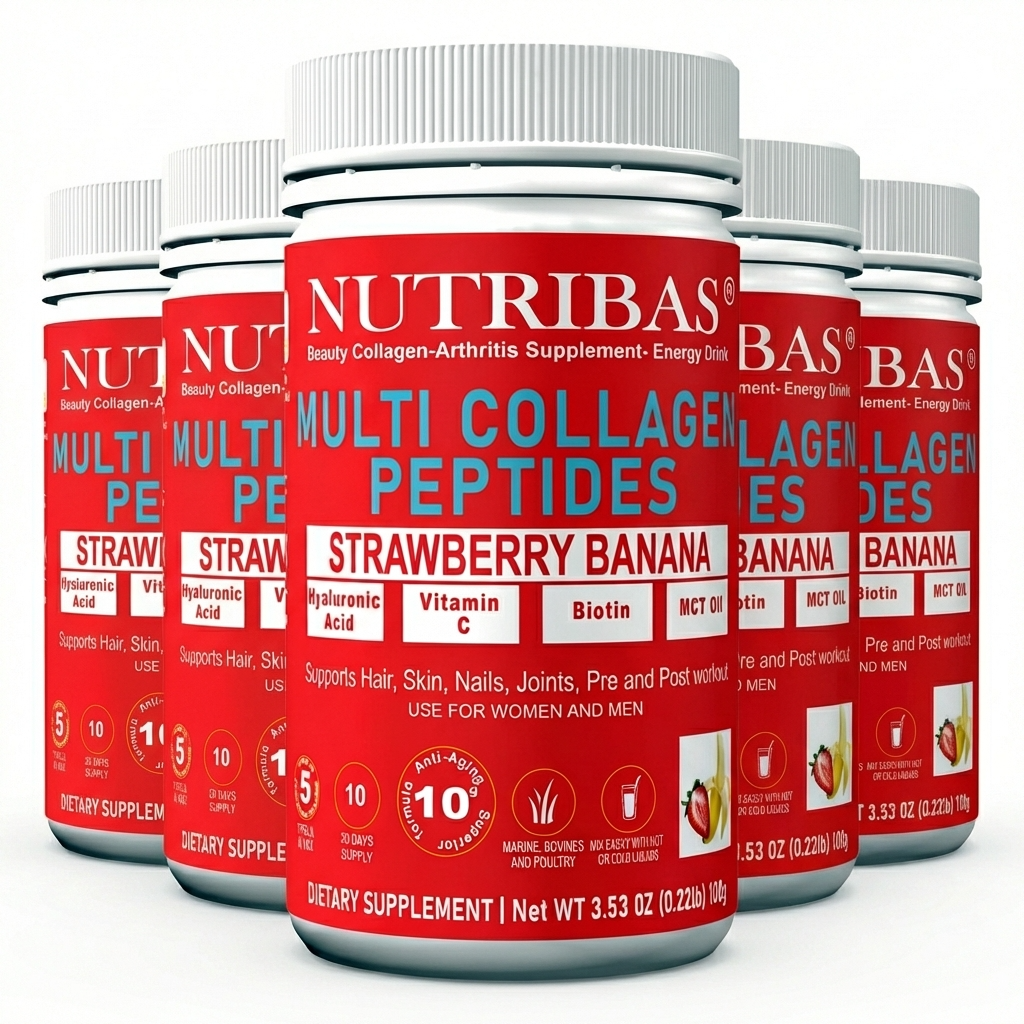 Nutribas Multi Collagen Peptides supplement bottles strawberry banana 5 pack on a white background