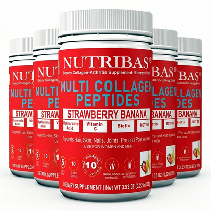 Nutribas Multi Collagen Peptides supplement bottles strawberry banana 5 pack on a white background