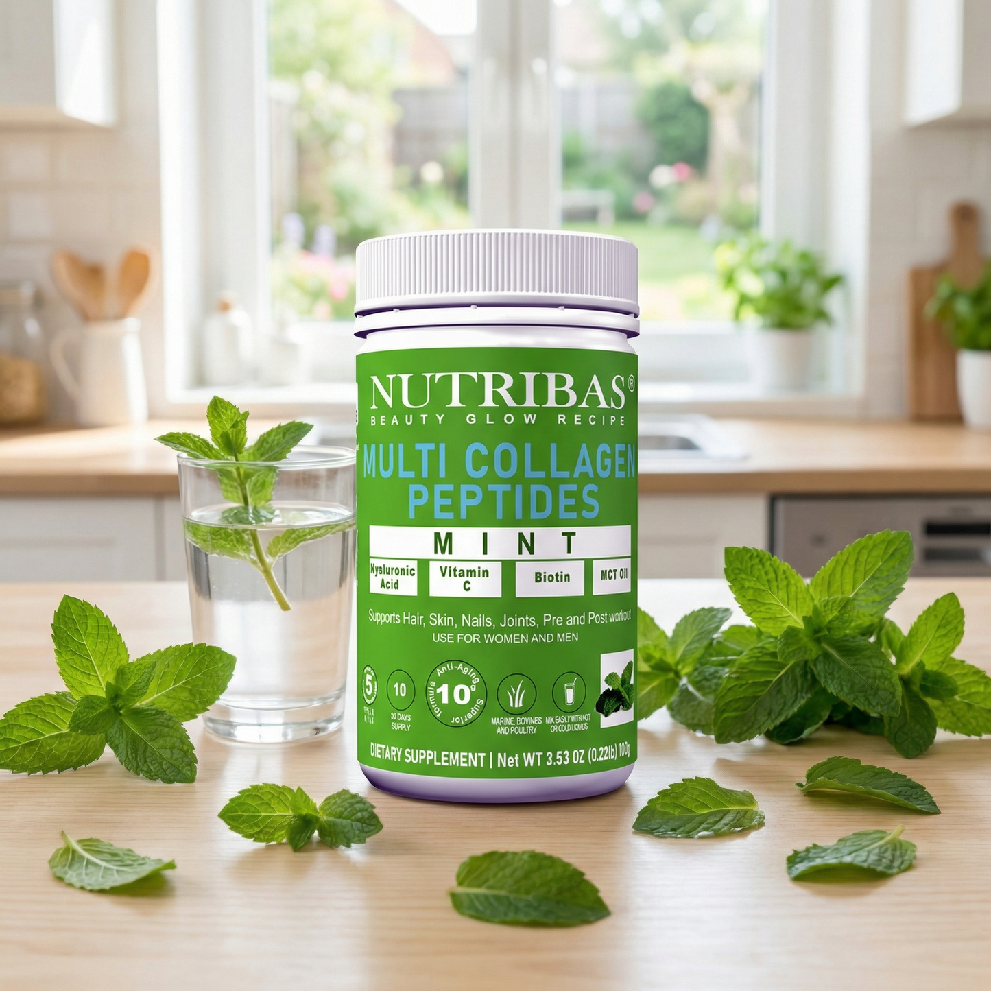 Nutribas Multi Collagen Peptides Mint bottle on a kitchen counter with mint leaves.