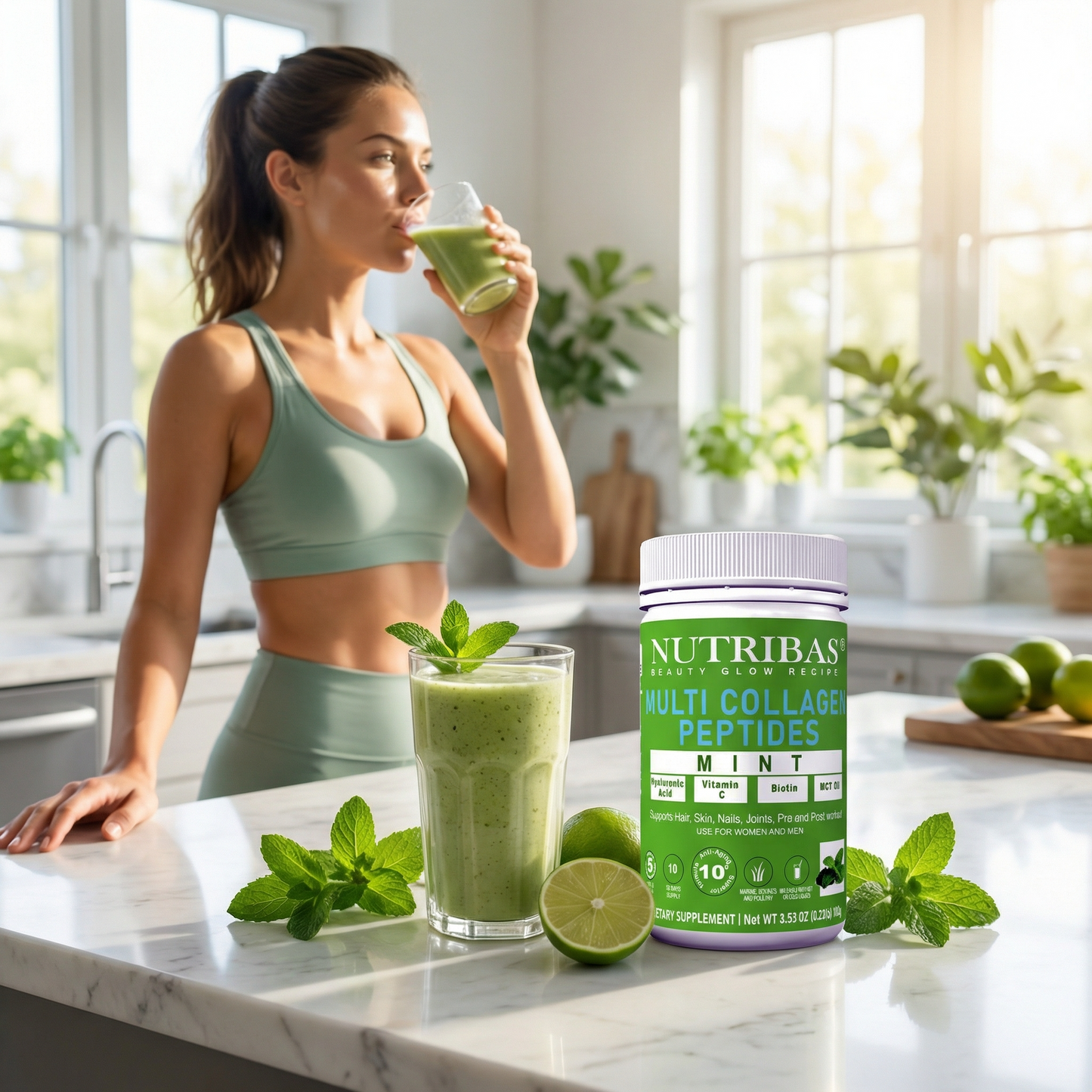 Woman drinking a green smoothie with Nutribas Multi Collage Peptides Mint on a kitchen counter.