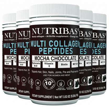 Multiple containers of Nutribas Multi Collagen Peptides in Mocha Chocolate flavor 5 pack on a white background.
