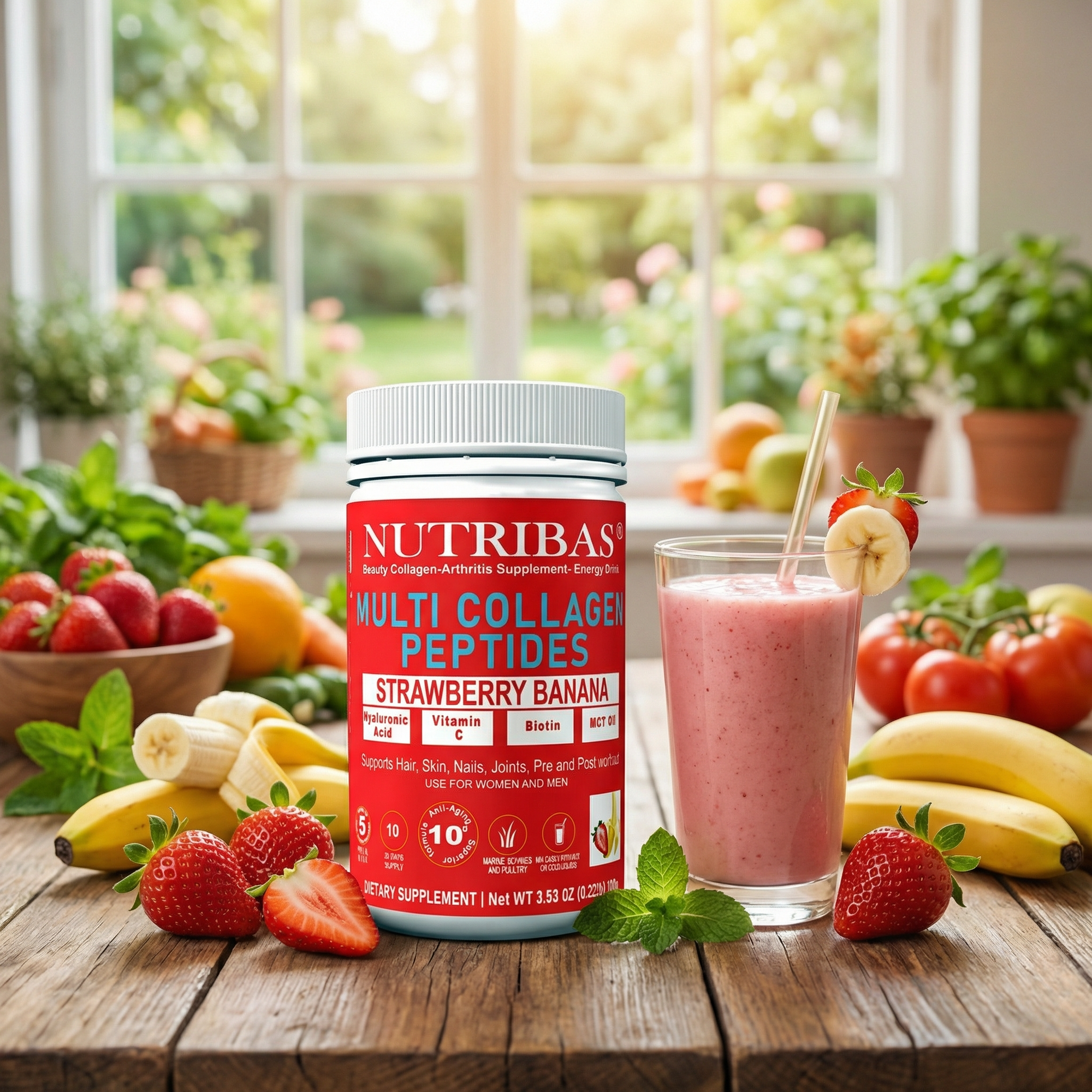 Nutribas Multi Collagen Peptides container with a strawberry banana smoothie on a wooden table. Multi collagen protein powder with biotin vitamin c. collagen coffee creamer in morning routine. keto collagen powder for daily wellness. hydrolyzed collagen powder for smoothies