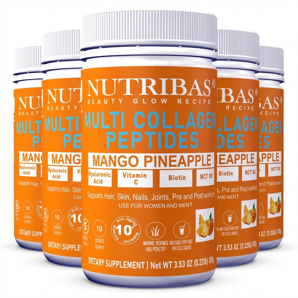 Multiple bottles of Nutribas Multi Collagen Peptides Mango Pineapple flavor on a white background 5 pack