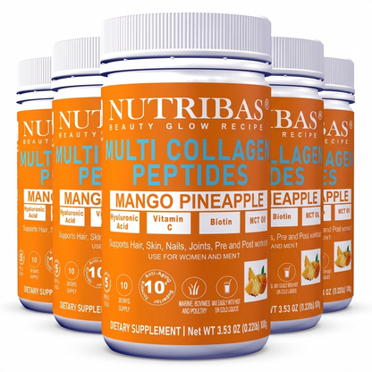 Multiple bottles of Nutribas Multi Collagen Peptides Mango Pineapple flavor on a white background 5 pack