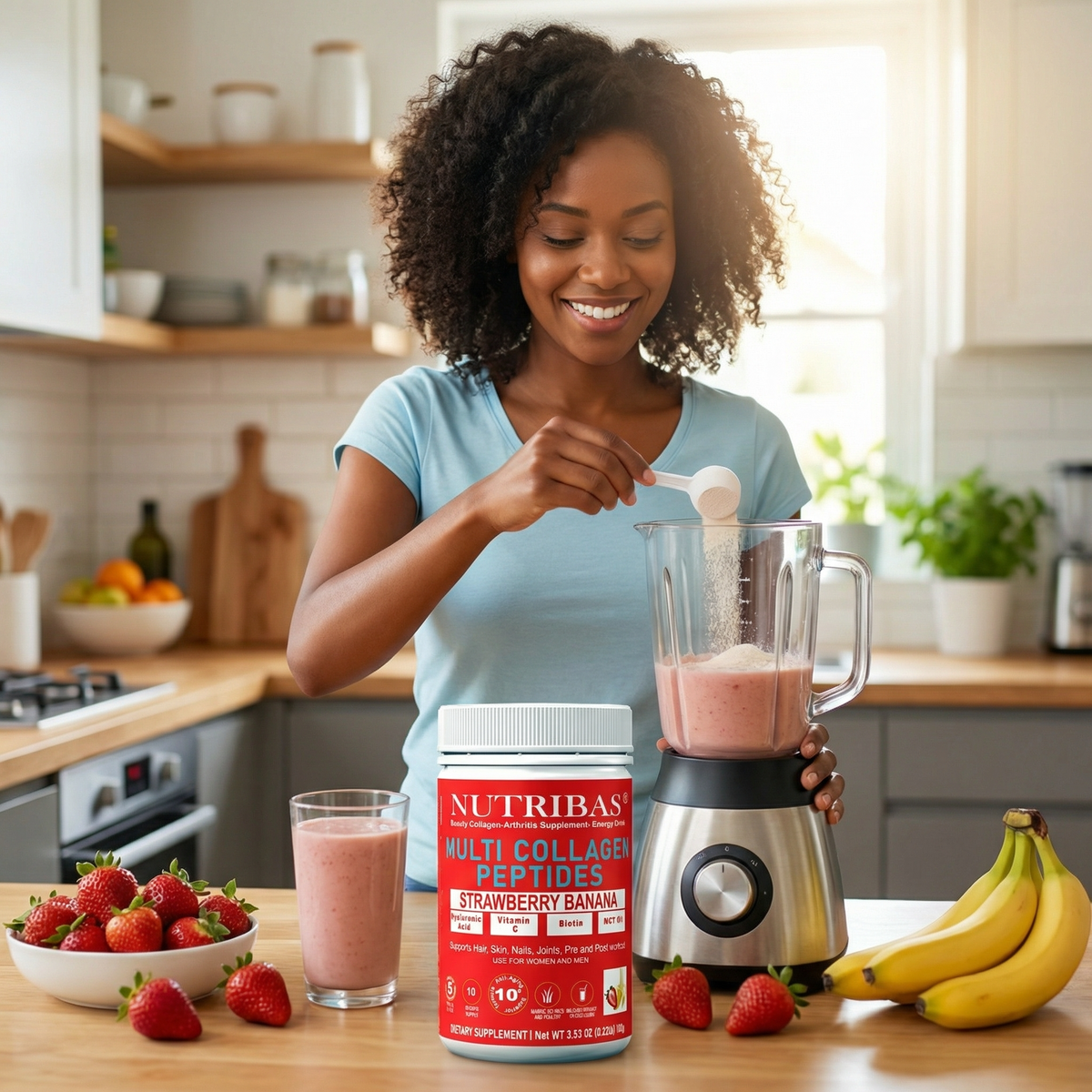 Coffee, smoothie, protein shake, yogurt usage images with collagen peptides context