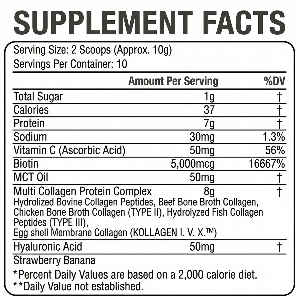 Supplement facts label for a protein supplement with detailed nutritional information. Multi collagen protein powder with biotin vitamin c. collagen coffee creamer in morning routine. keto collagen powder for daily wellness. hydrolyzed collagen powder for smoothies