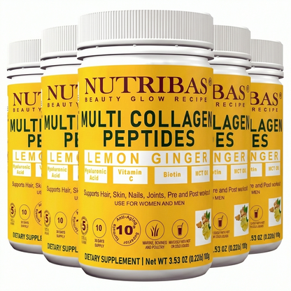 Multiple bottles of Nutribas Multi Collagen Peptides with lemon ginger flavor on a white background . pack lemon ginger