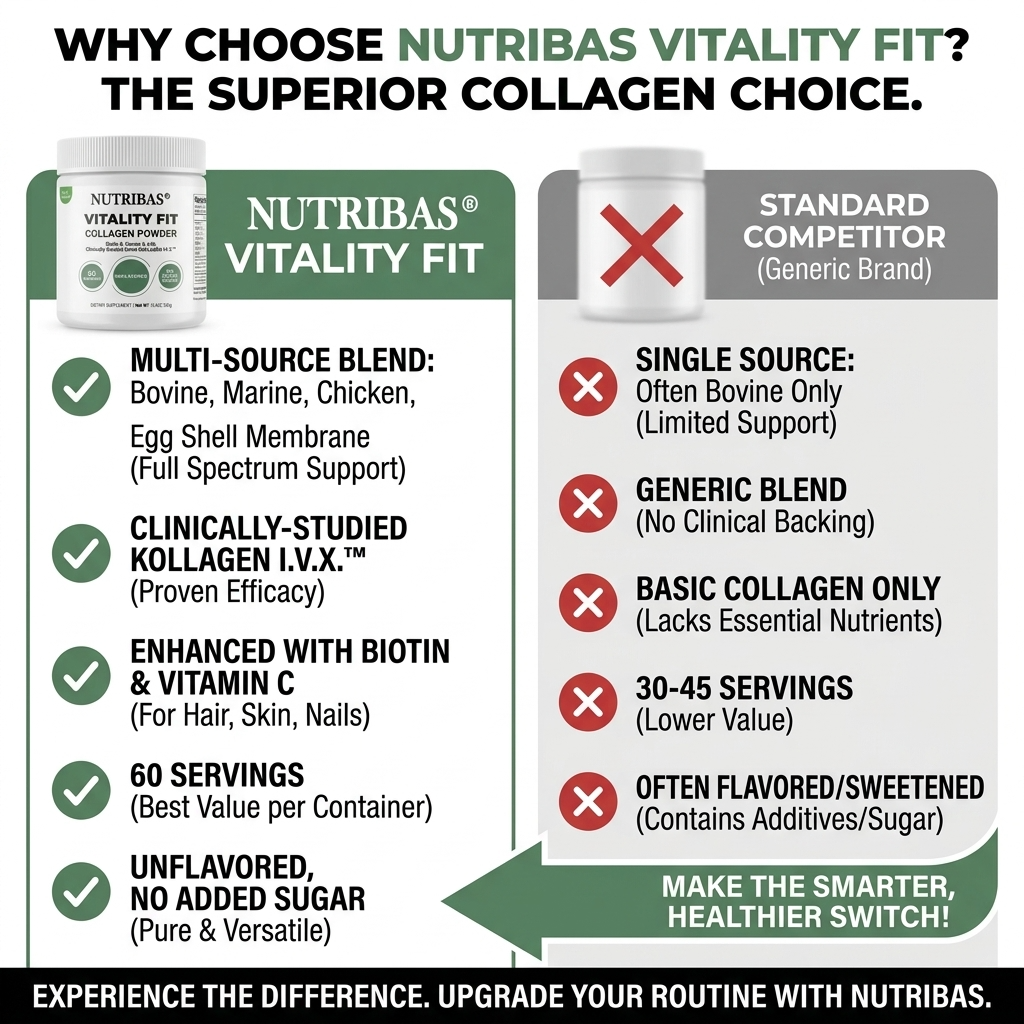 An infographic comparison graphic for Nutribas Vitality Fit collagen supplement. The left side, under a green header, shows the white bottle of Nutribas Vitality Fit with green checkmarks detailing its multi-source blend, clinically studied Kollagen I.