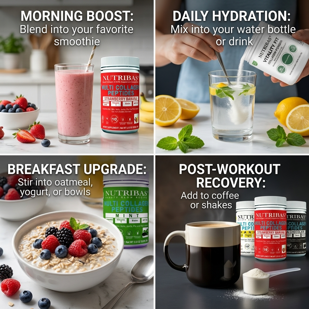 Collage of Nutribay protein powder usage scenarios including smoothie, water, breakfast, and post-workout recovery.