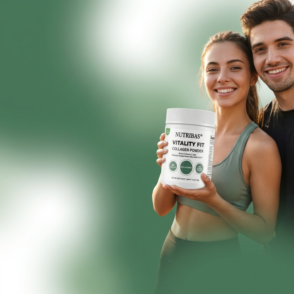 Woman holding a NutriBAS Vitality Fit supplement container with a man standing behind her against a green gradient background.