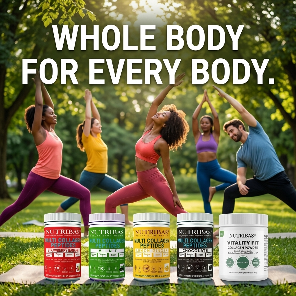 People exercising outdoors with Nutribas supplement containers in the foreground.