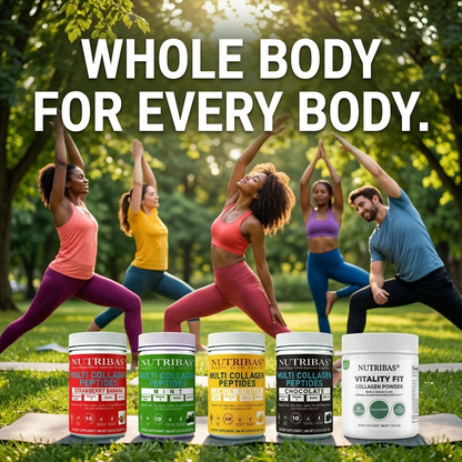 People exercising outdoors with Nutribas supplement containers in the foreground.