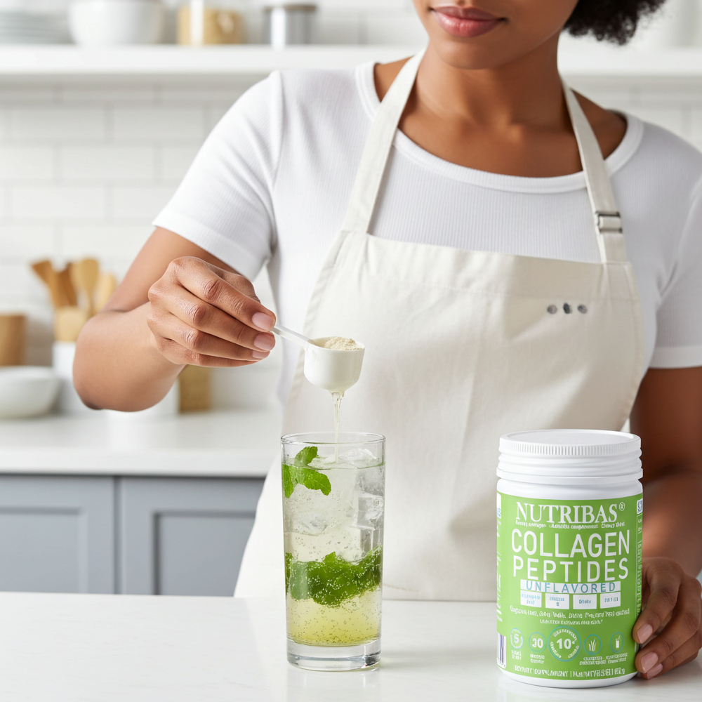 Person in a kitchen pouring Nutribas Collagen Peptides into a glass with mint leaves.