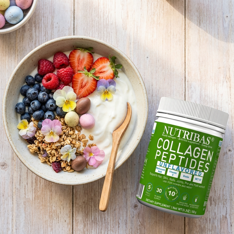 Yogurt bowl with fruit and granola next to a container of Nutribas Collagen Peptides on a wooden surface. Multi collagen protein powder with biotin vitamin c