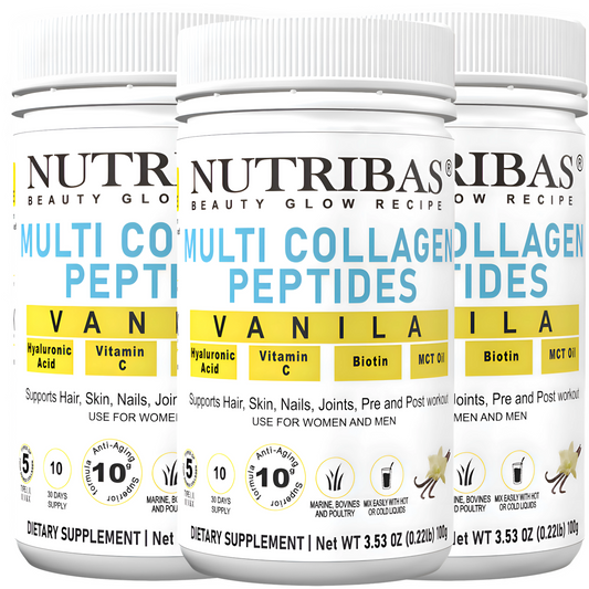 Three containers of Nutribas Multi Collagen Peptides with visible branding and product details.