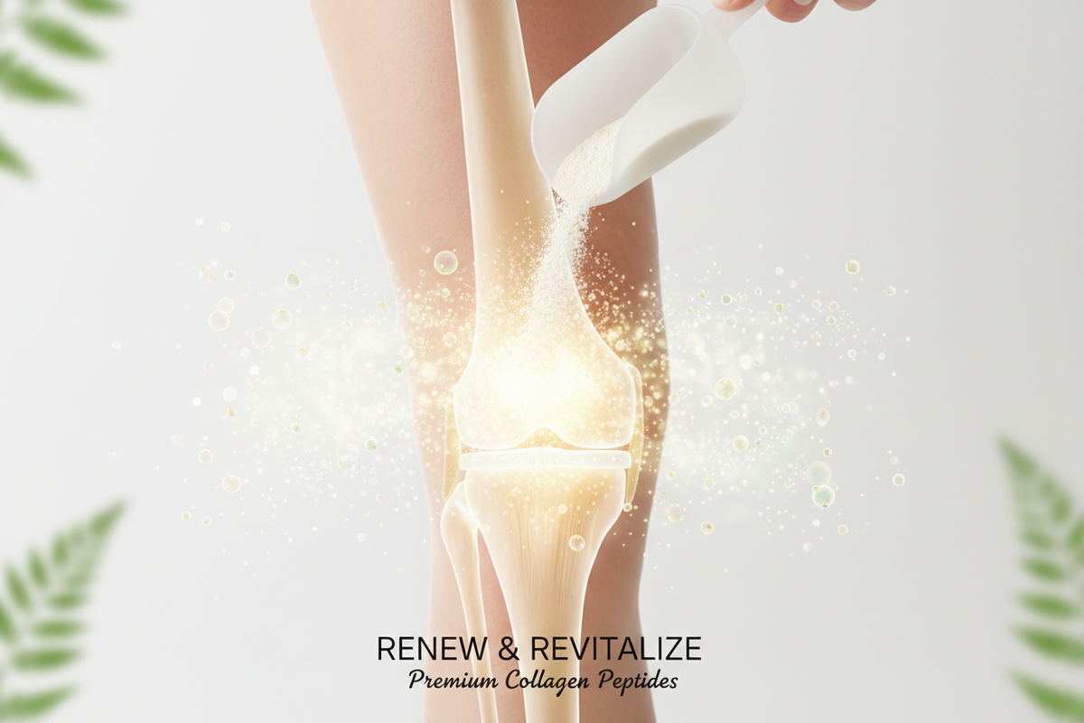 An anatomical illustration of a human knee joint with a hand pouring white powder into it, surrounded by glowing particles to help joint pain. 