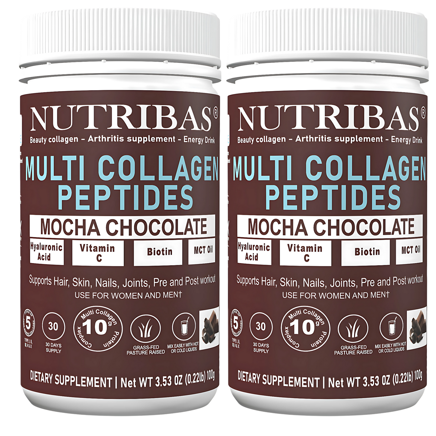 Two bottles of Nutribas Multi Collagen Peptides Mocha Chocolate dietary supplement on a white background.