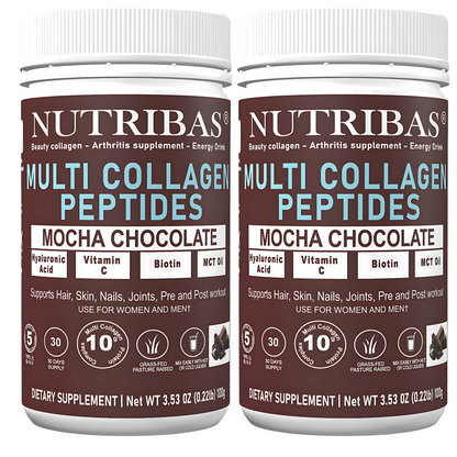 Two bottles of Nutribas Multi Collagen Peptides Mocha Chocolate dietary supplement on a white background.