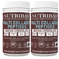 Two bottles of Nutribas Multi Collagen Peptides Mocha Chocolate dietary supplement on a white background.