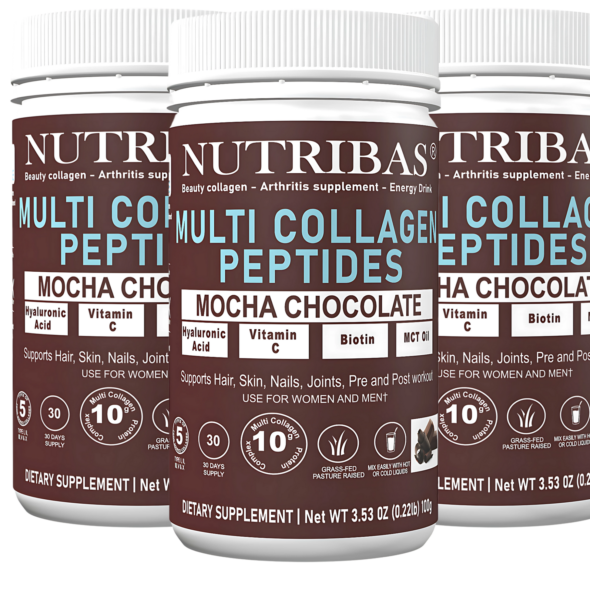 Three bottles of Nutribas Multi Collagen Peptides Mocha Chocolate dietary supplement on a white background.