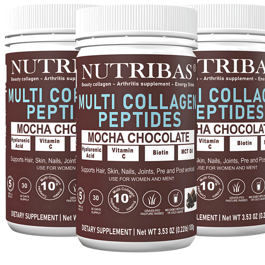 Three bottles of Nutribas Multi Collagen Peptides Mocha Chocolate dietary supplement on a white background.