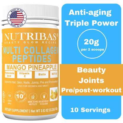 A container of NUTRIBAS Multi Collagen Peptides in Mango Pineapple flavor. The label highlights 20g protein per 2 scoops, with additional benefits for skin, joints, and as a pre/post-workout supplement.