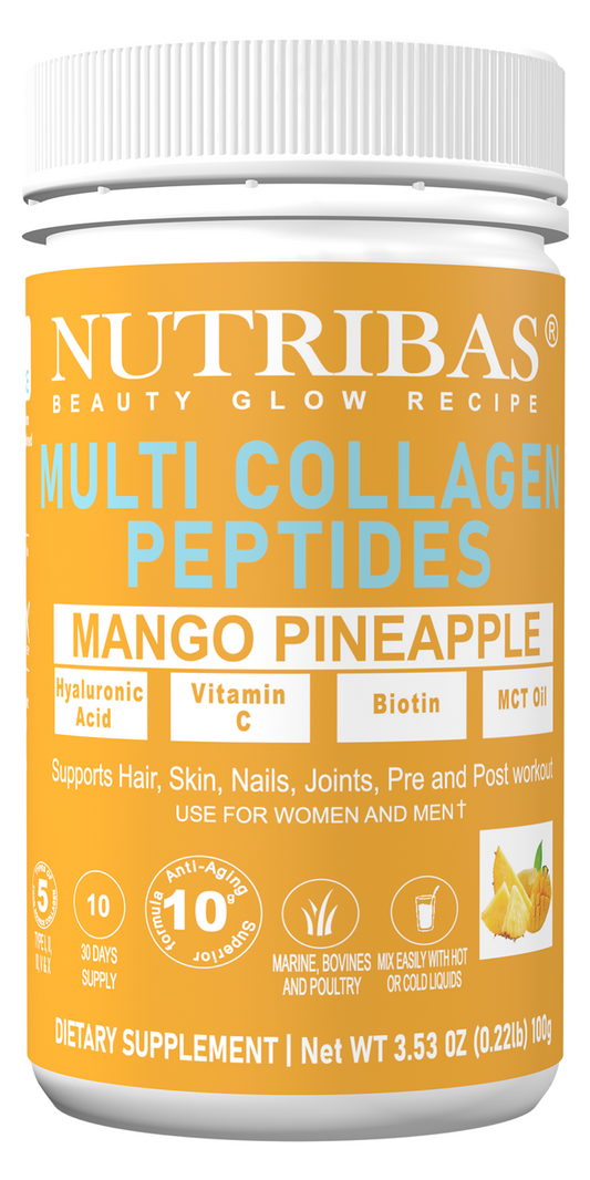 A container of NUTRIBAS Multi Collagen Peptides in Mango Pineapple flavor. The label is yellow and white with images of a collagen molecule, a mango, and a pineapple.