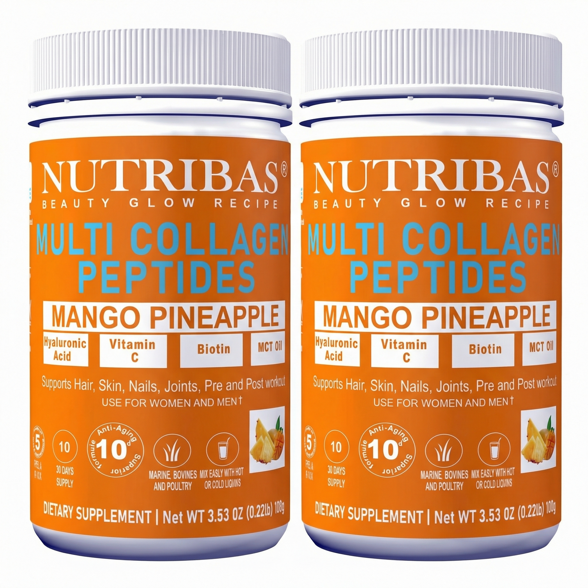 Two bottles of Nutribas Multi Collagen Peptides Mango Pineapple flavor on a white background. Multi collagen protein powder with biotin vitamin c. collagen coffee creamer in morning routine. keto collagen powder for daily wellness. hydrolyzed collagen powder for smoothies. collagen coffee creamer for daily routine
protein coffee creamer with MCT oil
multi collagen protein powder for whole body wellness
collagen for skin hair nails and joints
unflavored collagen powder for coffee and smoothies.