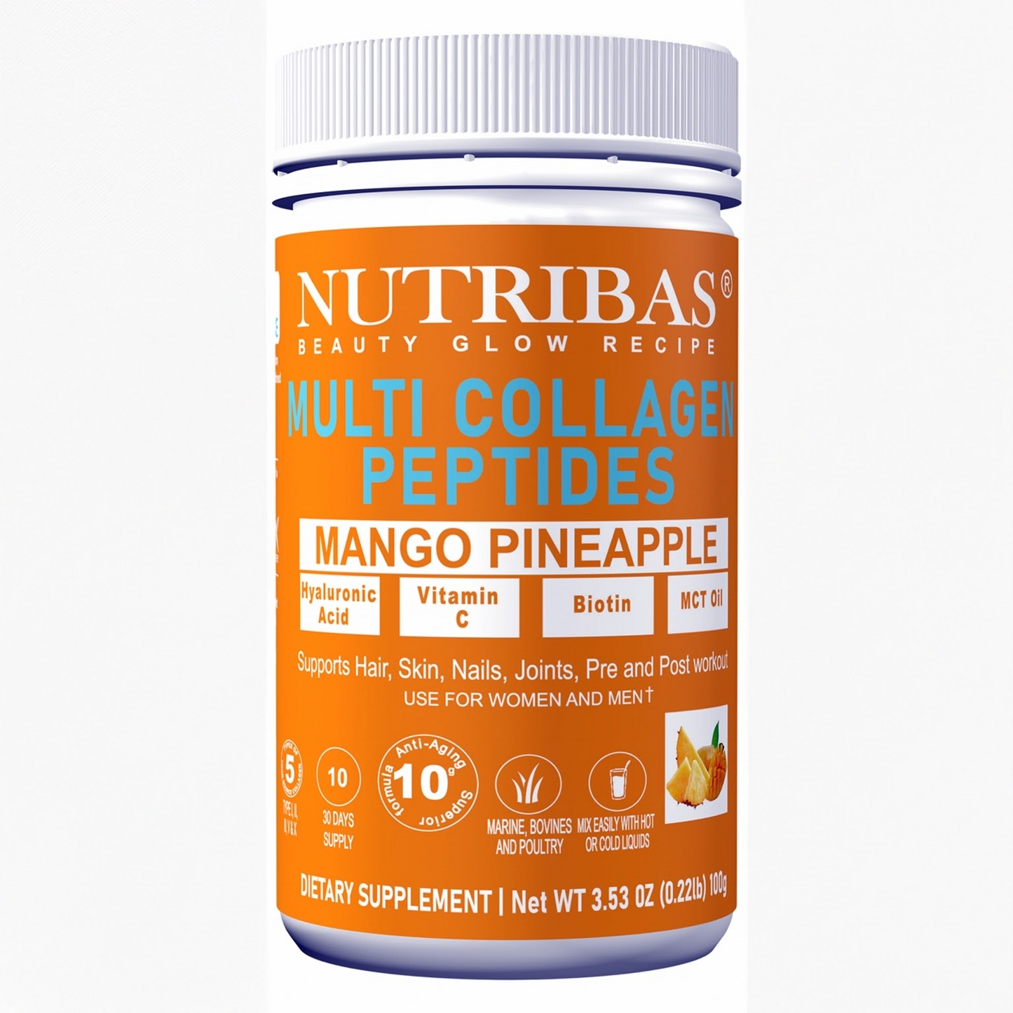 Nutribas Mango Multi Collagen Peptides supplement container with orange label on a white background