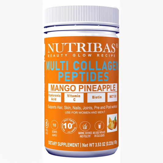 Nutribas Mango Multi Collagen Peptides supplement container with orange label on a white background