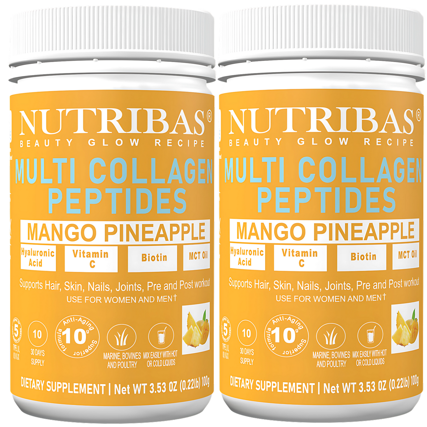 Two bottles of Nutribas Multi Collagen Peptides with Mango Pineapple flavor on a white background.