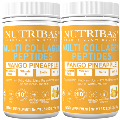 Two bottles of Nutribas Multi Collagen Peptides with Mango Pineapple flavor on a white background.
