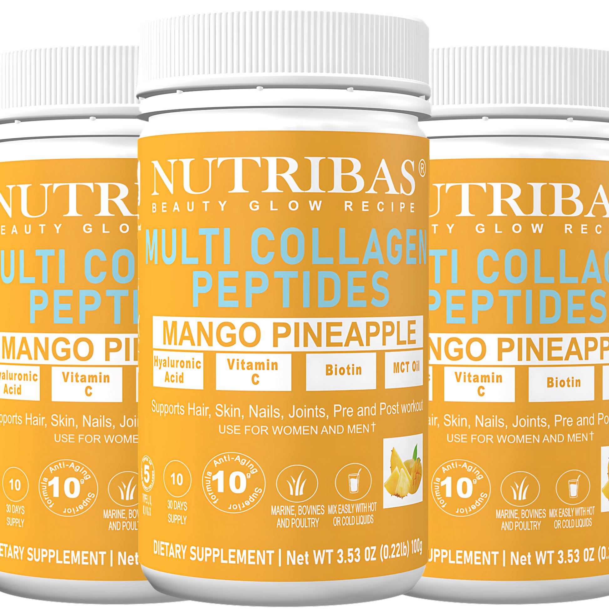 Three bottles of Nutribas Multi Collage Peptides with orange labels.
