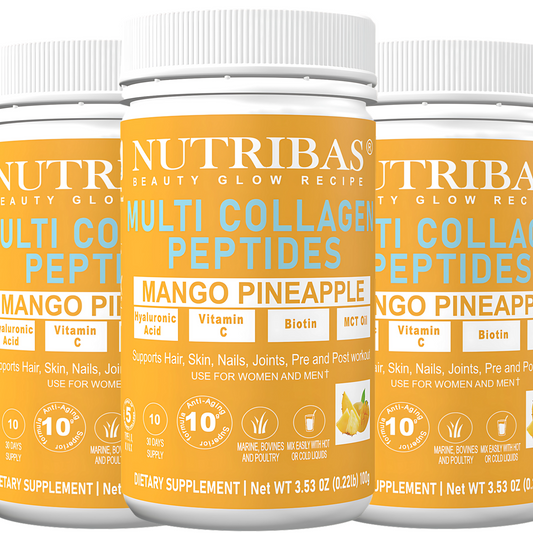 Three bottles of Nutribas Multi Collage Peptides with orange labels.