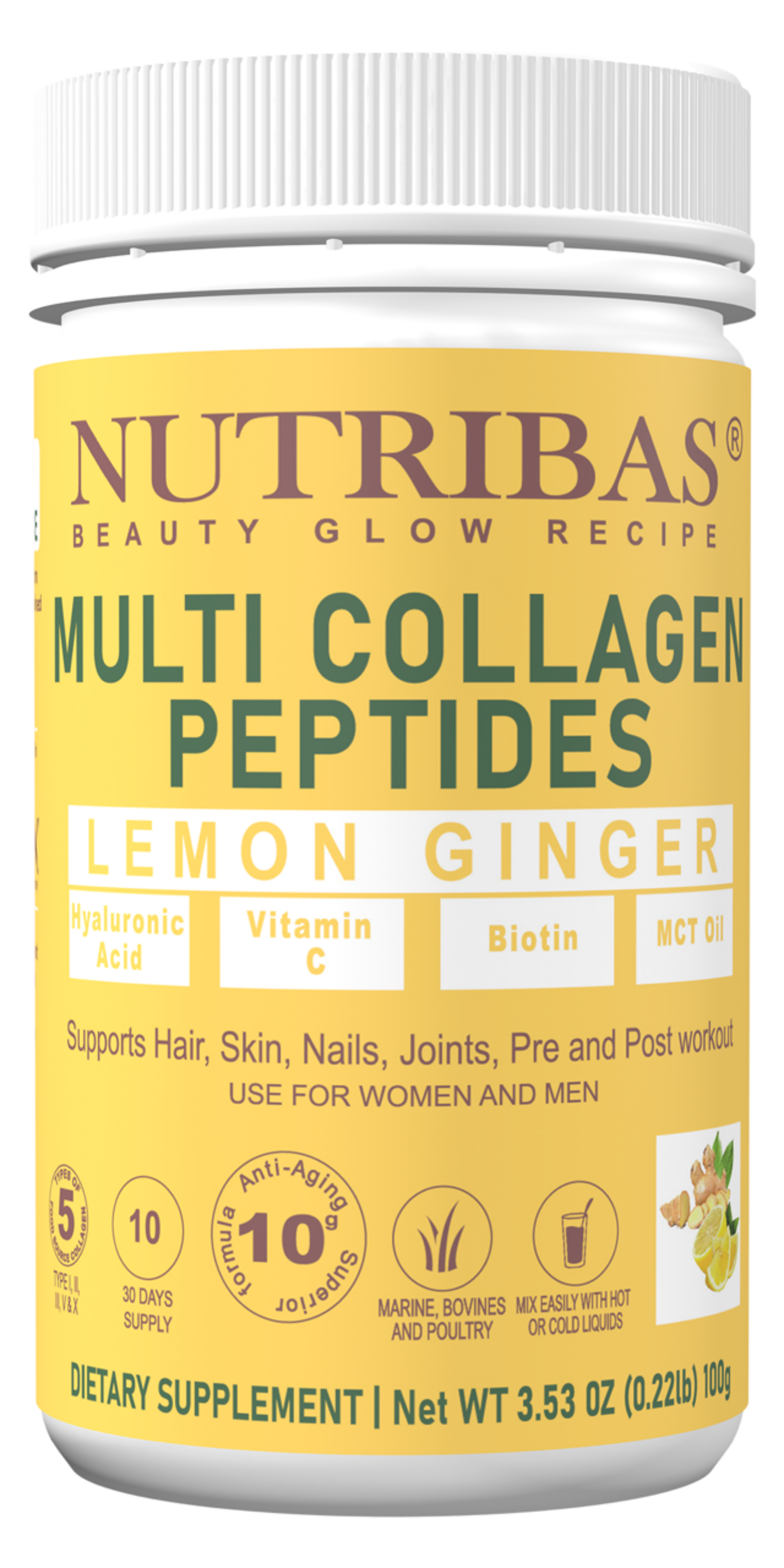 Multi Collagen Powder 5 Types + Biotin MCT Oil Hyaluronic Acid Vitamin C Lemon Ginger