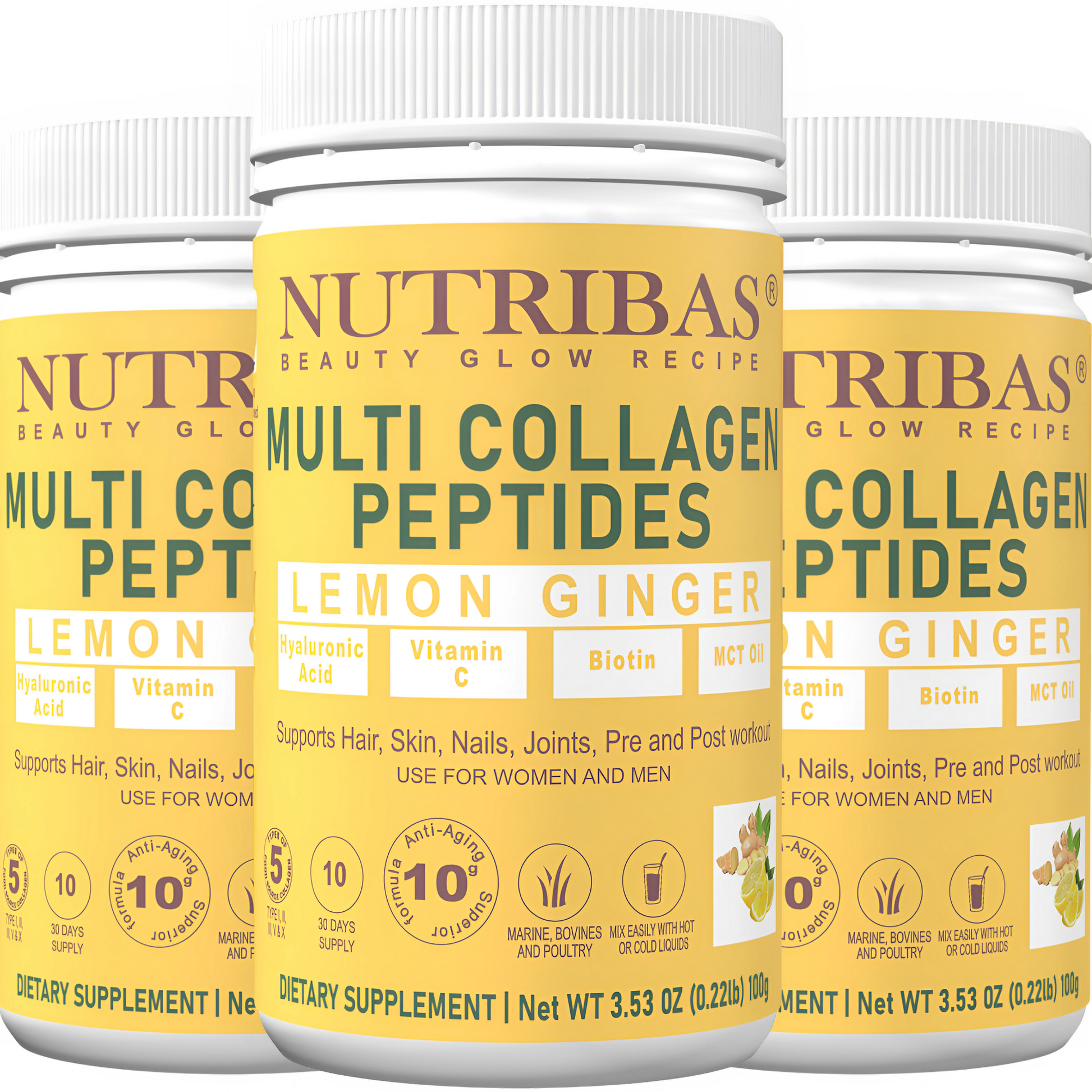 Three bottles of Nutribas Multi Collagen Peptides Lemon Ginger on a white background