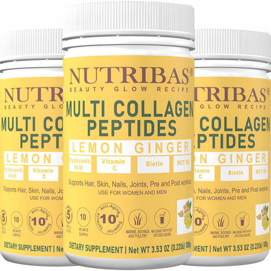 Three bottles of Nutribas Multi Collagen Peptides Lemon Ginger on a white background