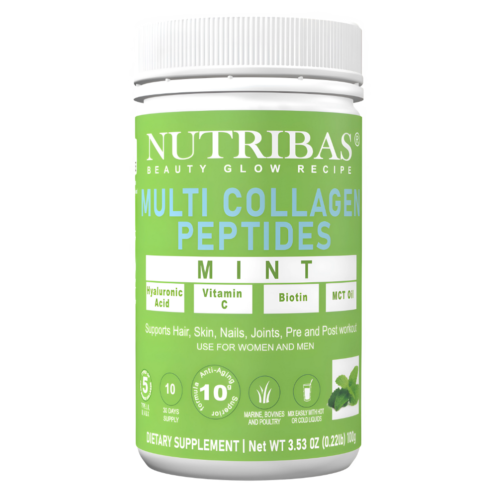Green supplement container labeled 'Nutribas Multi Collagen Peptides Mint' on a white background