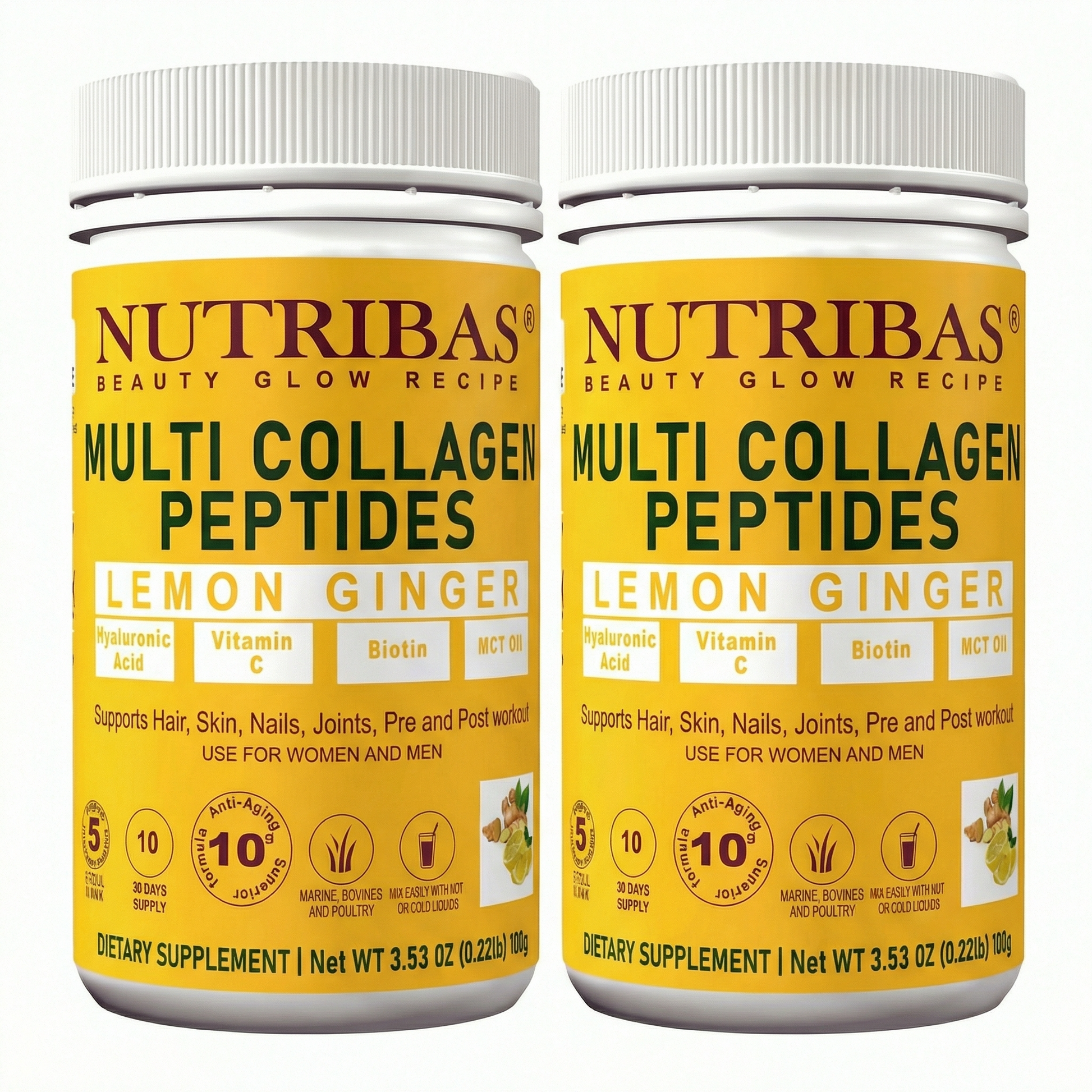 Two bottles of Nutribas Multi Collagen Peptides Lemon Ginger on a white background. Multi collagen protein powder with biotin vitamin c. collagen coffee creamer in morning routine. keto collagen powder for daily wellness. hydrolyzed collagen powder for smoothies. collagen coffee creamer for daily routine
protein coffee creamer with MCT oil
multi collagen protein powder for whole body wellness
collagen for skin hair nails and joints
unflavored collagen powder for coffee and smoothies.