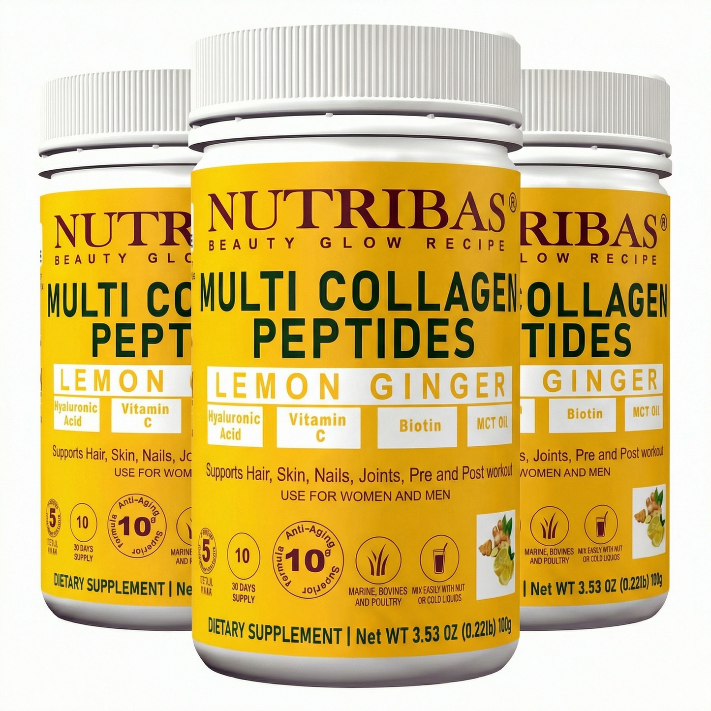 Three bottles of Nutribas Multi Collagen Peptides on a white background