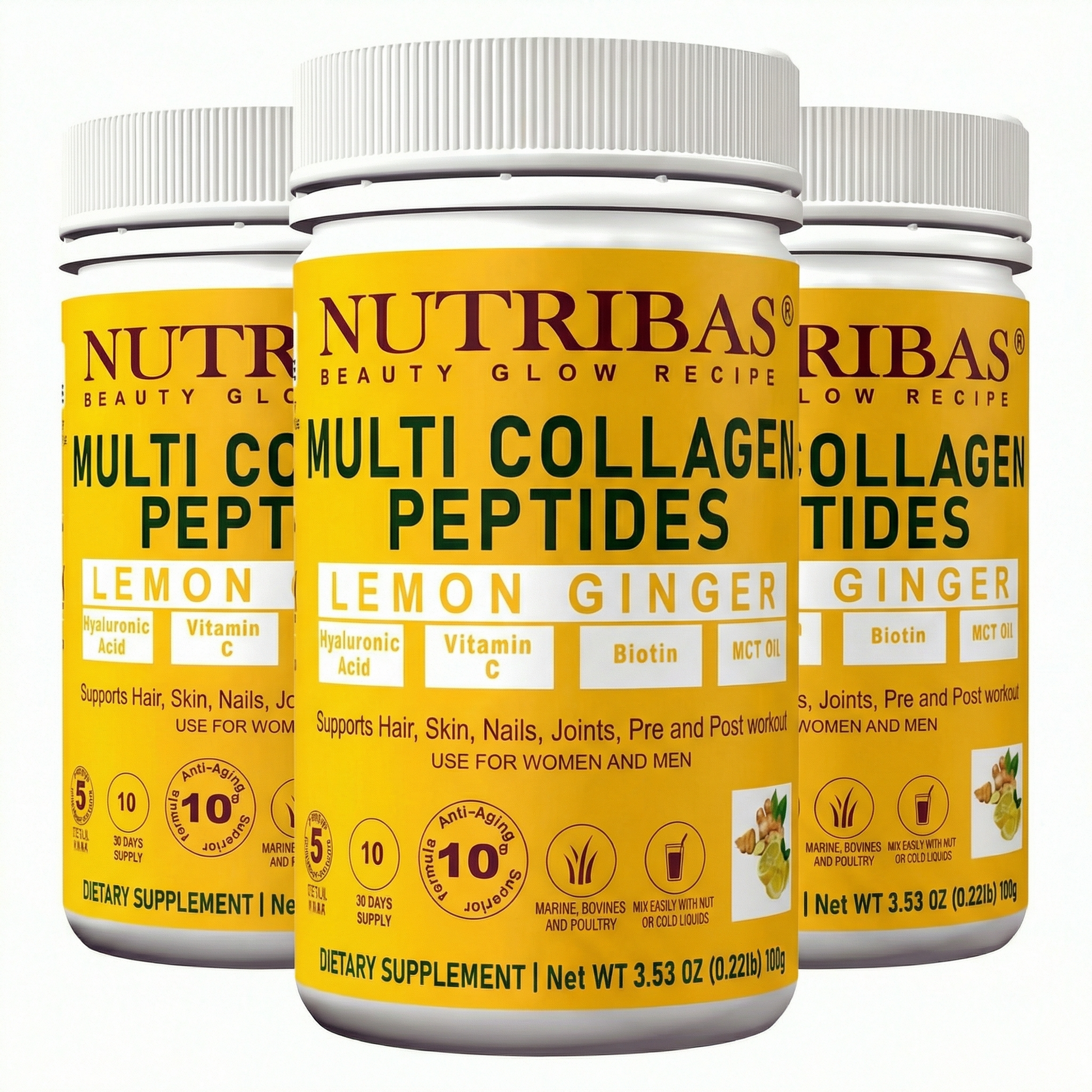 Three bottles of Nutribas Multi Collagen Peptides on a white background