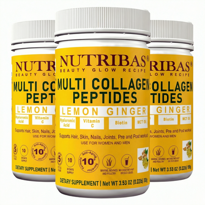 Three bottles of Nutribas Multi Collagen Peptides on a white background