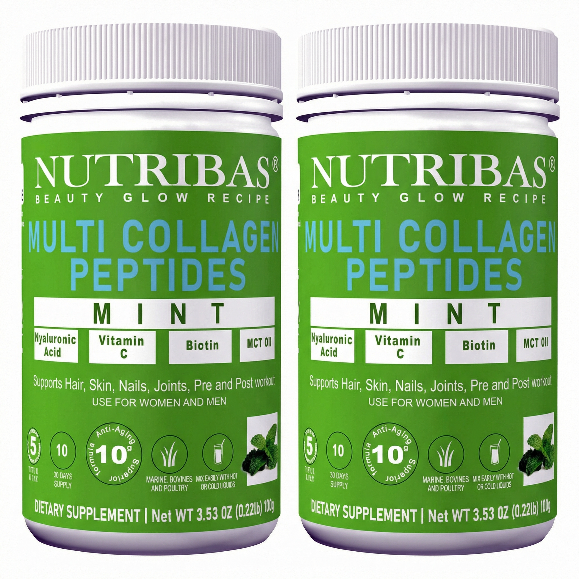 Two bottles of Nutribas Multi Collagen Peptides Mint flavor on a white background. Multi collagen protein powder with biotin vitamin c. collagen coffee creamer in morning routine. keto collagen powder for daily wellness. hydrolyzed collagen powder for smoothies.collagen coffee creamer for daily routine
protein coffee creamer with MCT oil
multi collagen protein powder for whole body wellness
collagen for skin hair nails and joints
unflavored collagen powder for coffee and smoothies.