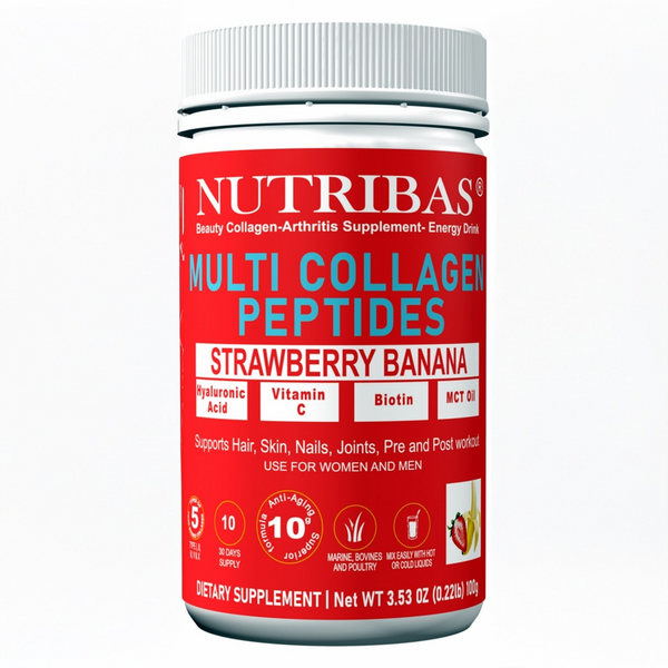 Nutribas Multi Collagen Peptides supplement container with strawberry banana flavor on a white background. Multi collagen protein powder with biotin vitamin c. collagen coffee creamer in morning routine. keto collagen powder for daily wellness. hydrolyzed collagen powder for smoothies. collagen coffee creamer for daily routine
protein coffee creamer with MCT oil
multi collagen protein powder for whole body wellness
collagen for skin hair nails and joints
unflavored collagen powder for coffee and smoothies.
