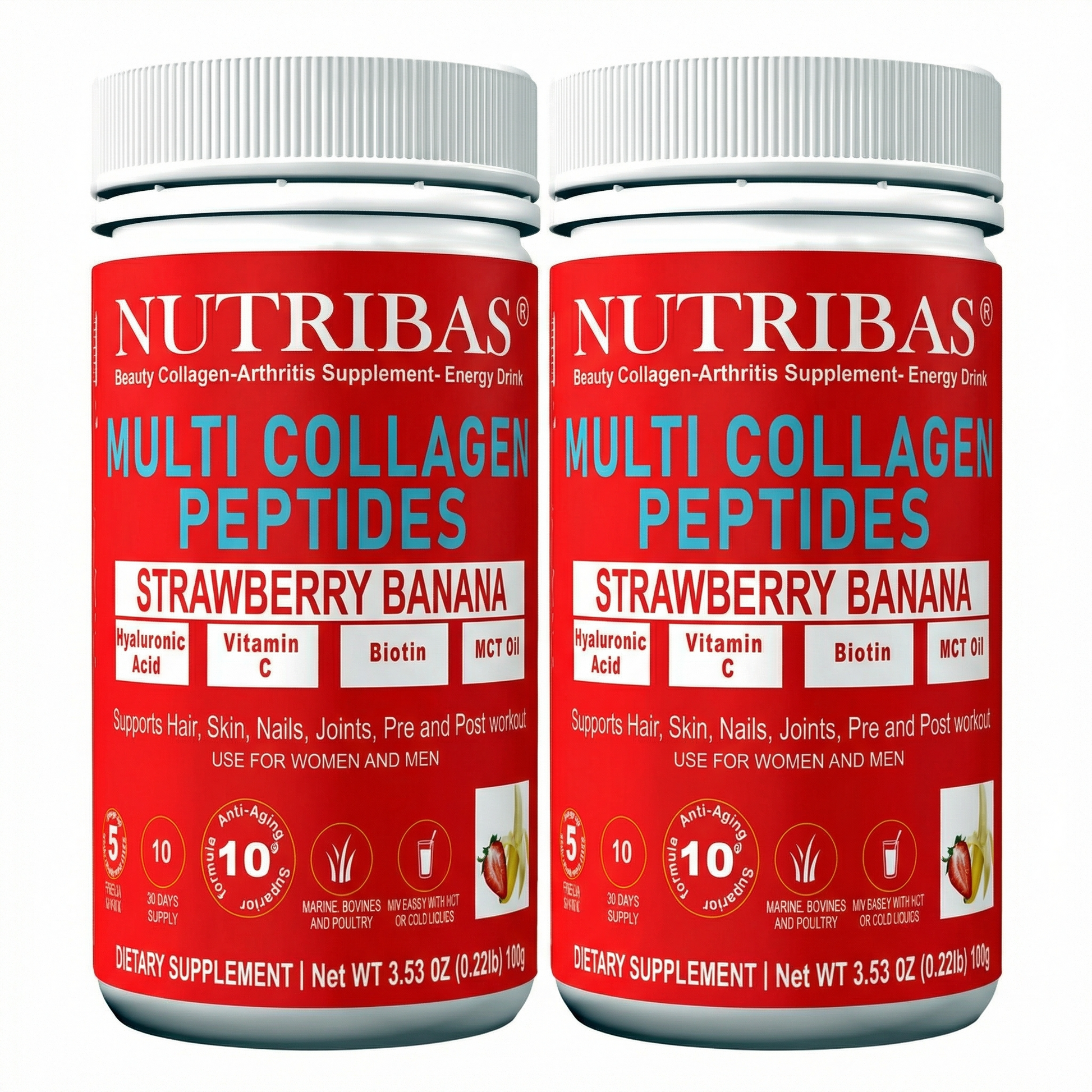 Two bottles of Nutribas Multi Collagen Peptides Strawberry Banana flavor on a white background. collagen coffee creamer in morning routine. hydrolyzed collagen powder for smoothies